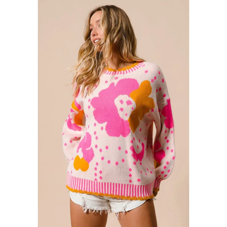 BiBi Flower Pattern Contrast Sweater