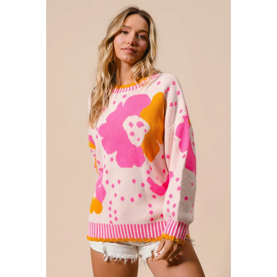 BiBi Flower Pattern Contrast Sweater