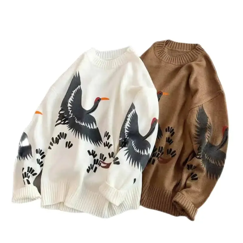 Black and White Crane Bird Print Long Sleeve Sweater