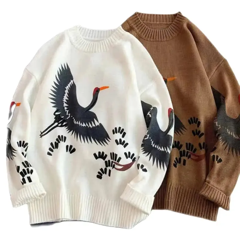 Black and White Crane Bird Print Long Sleeve Sweater