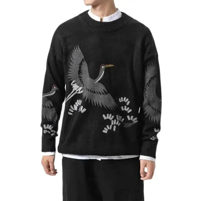 Black and White Crane Bird Print Long Sleeve Sweater