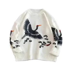 Black and White Crane Bird Print Long Sleeve Sweater