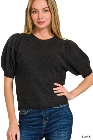 Black Melange puff short sleeve sweater