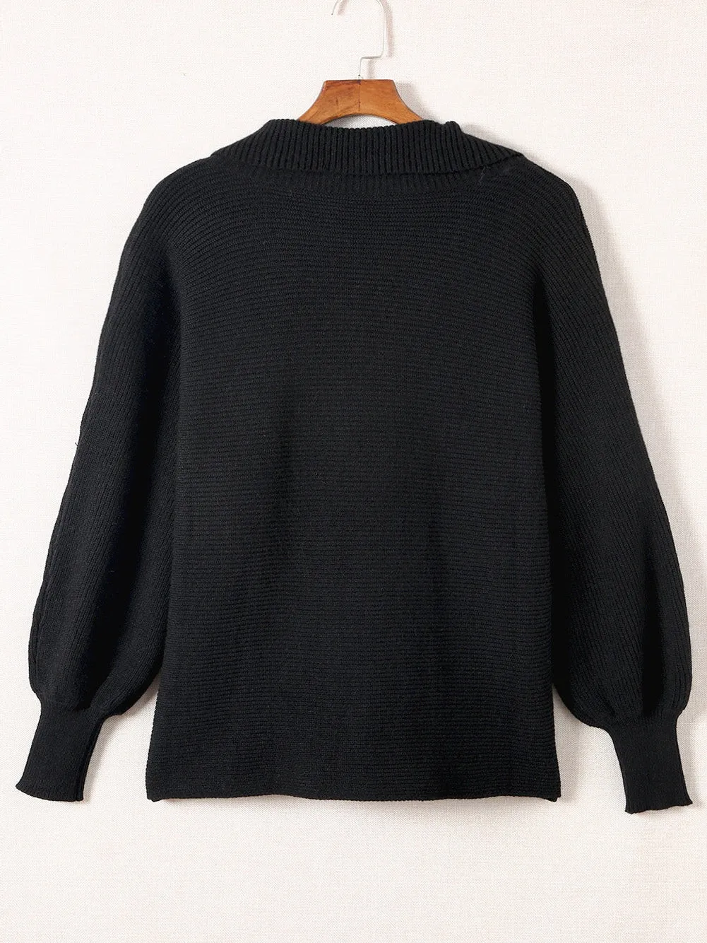 Black Ribbed Knit Lapel Neck Curvy Sweater