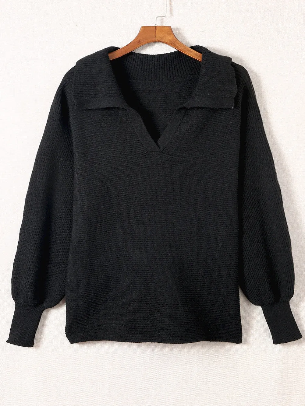 Black Ribbed Knit Lapel Neck Curvy Sweater