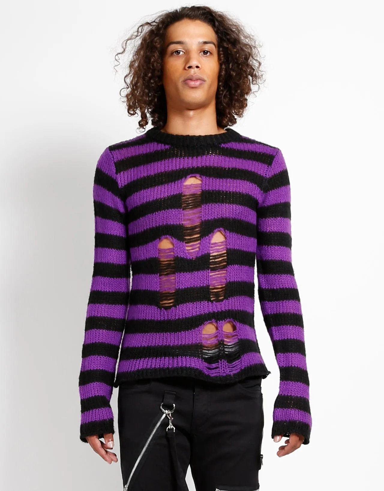 BLK/PURPLE UNISEX RAG STRIPE SWEATER