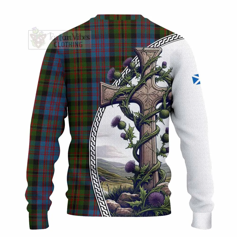 Bowie Tartan Knitted Sweater with Family Crest and St. Andrew's Cross Accented by Thistle Vines