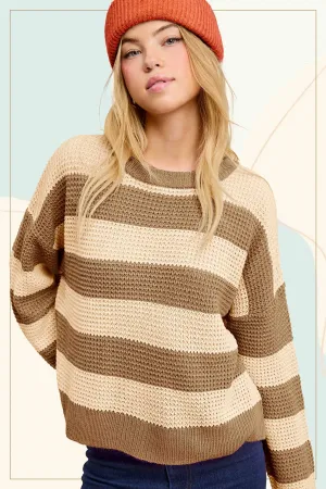 Brown and Tan Loose Fit Striped Round Neck Long Sleeve Sweater