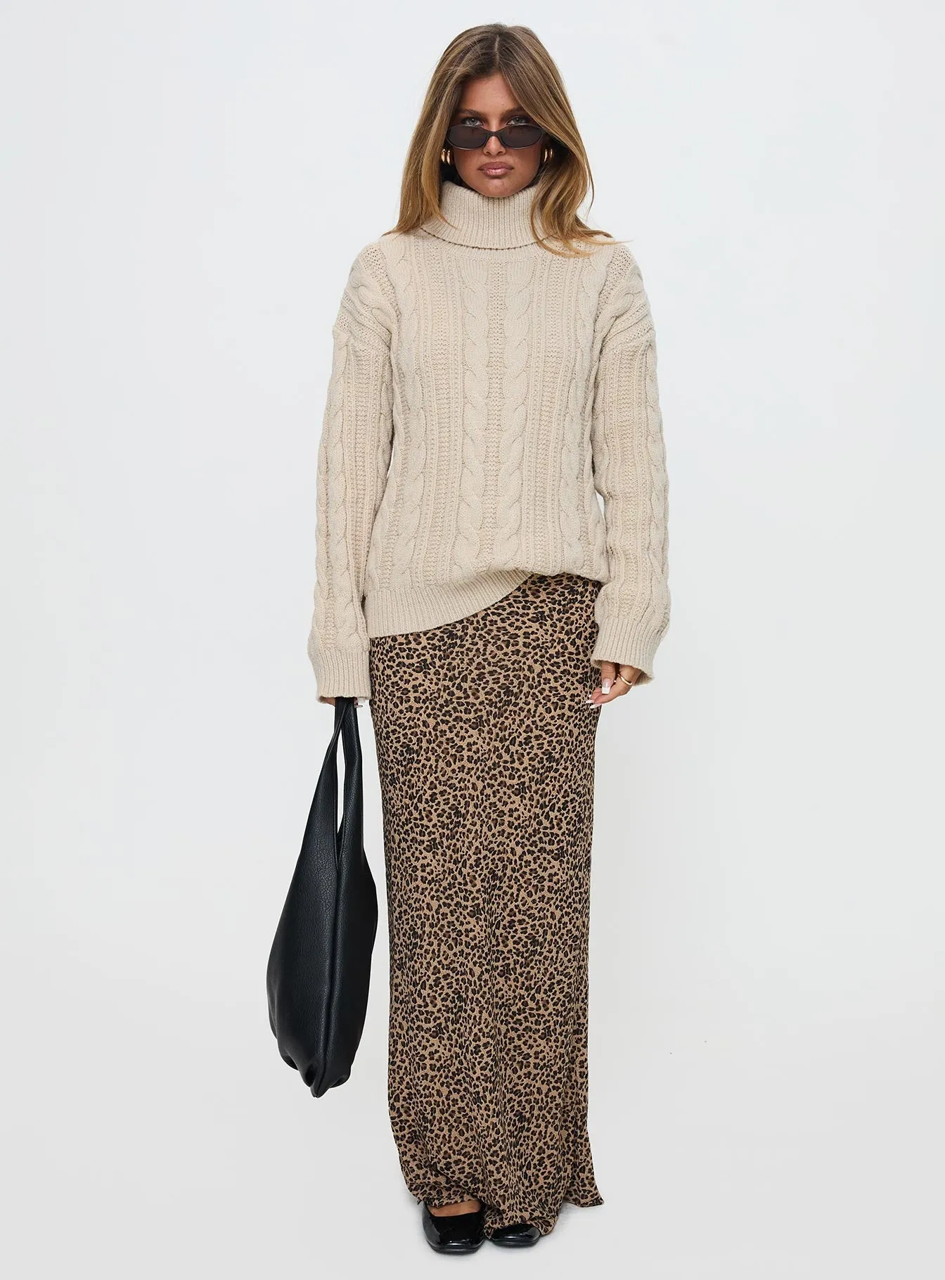 Bryden Turtleneck Cable Knit Sweater Beige