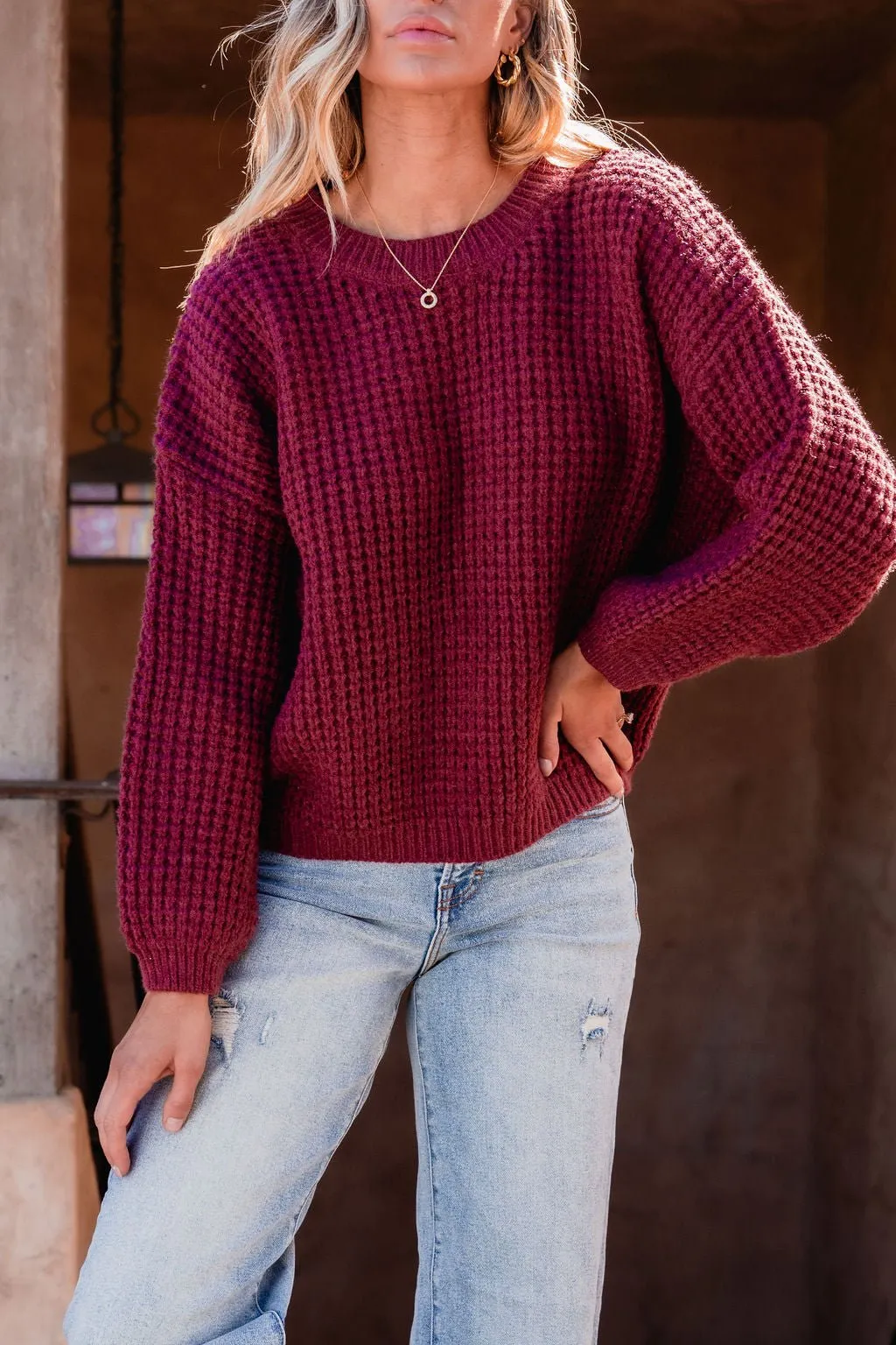 Burgundy Ribbed Waffle Knit Sweater