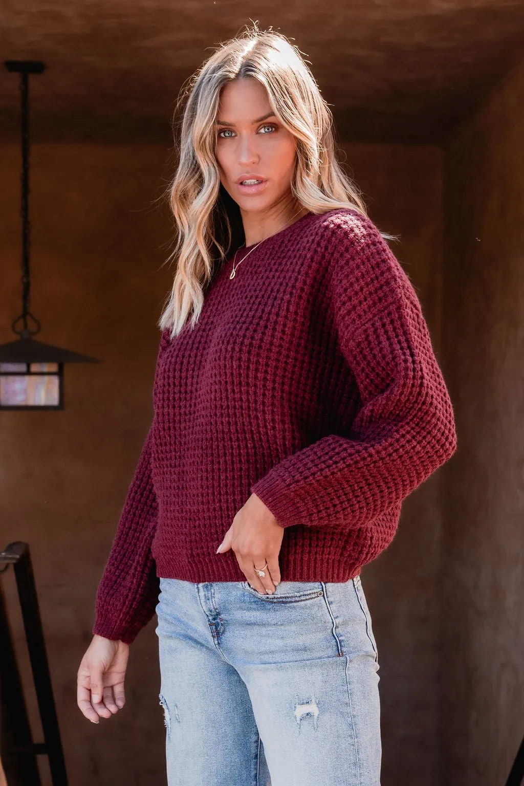 Burgundy Ribbed Waffle Knit Sweater