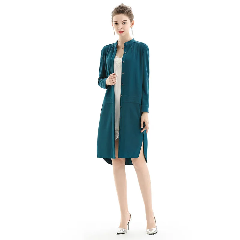 C053 Women solid long sleeves band collar seam-detail midi shirt dress