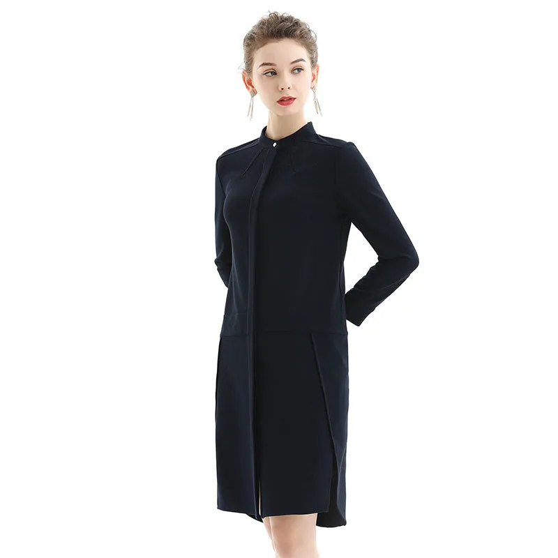 C053 Women solid long sleeves band collar seam-detail midi shirt dress