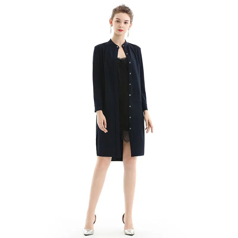 C053 Women solid long sleeves band collar seam-detail midi shirt dress