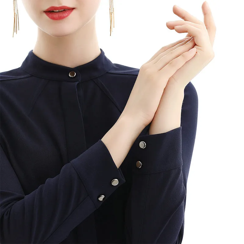 C053 Women solid long sleeves band collar seam-detail midi shirt dress