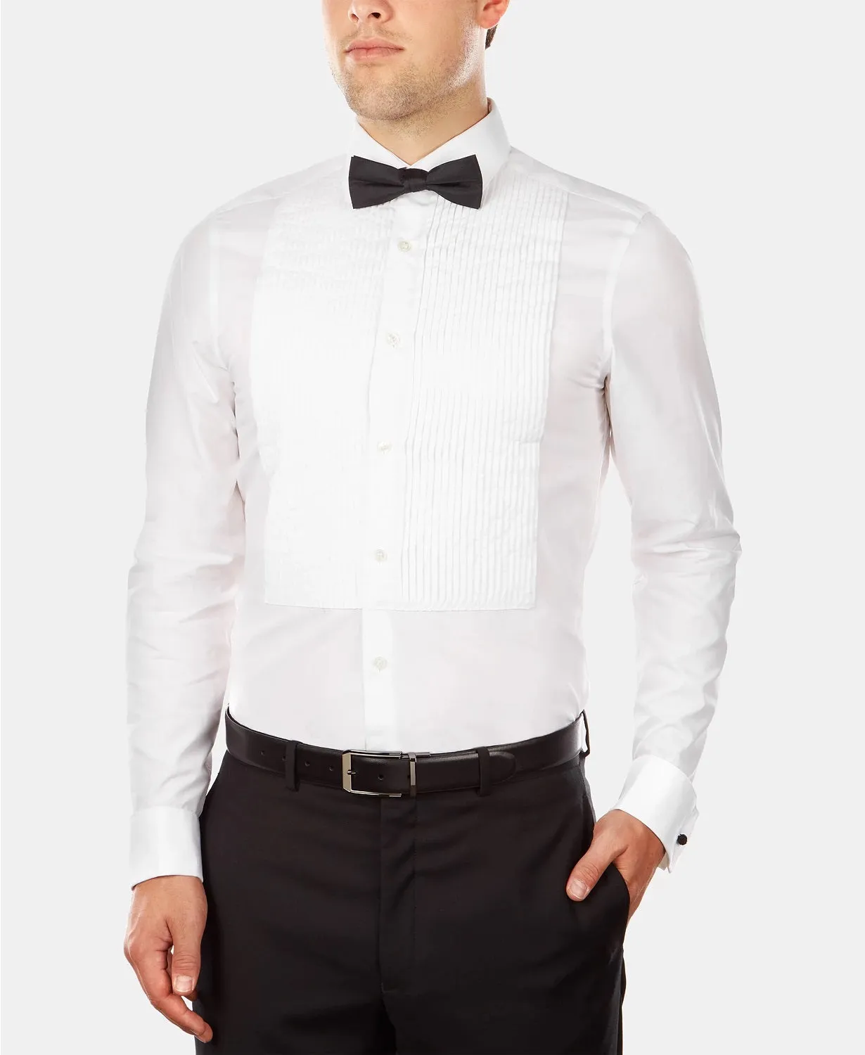 Calvin Klein Men's Slim-Fit Bow-Tie Dress Shirt, White, 17 1/2 34/35