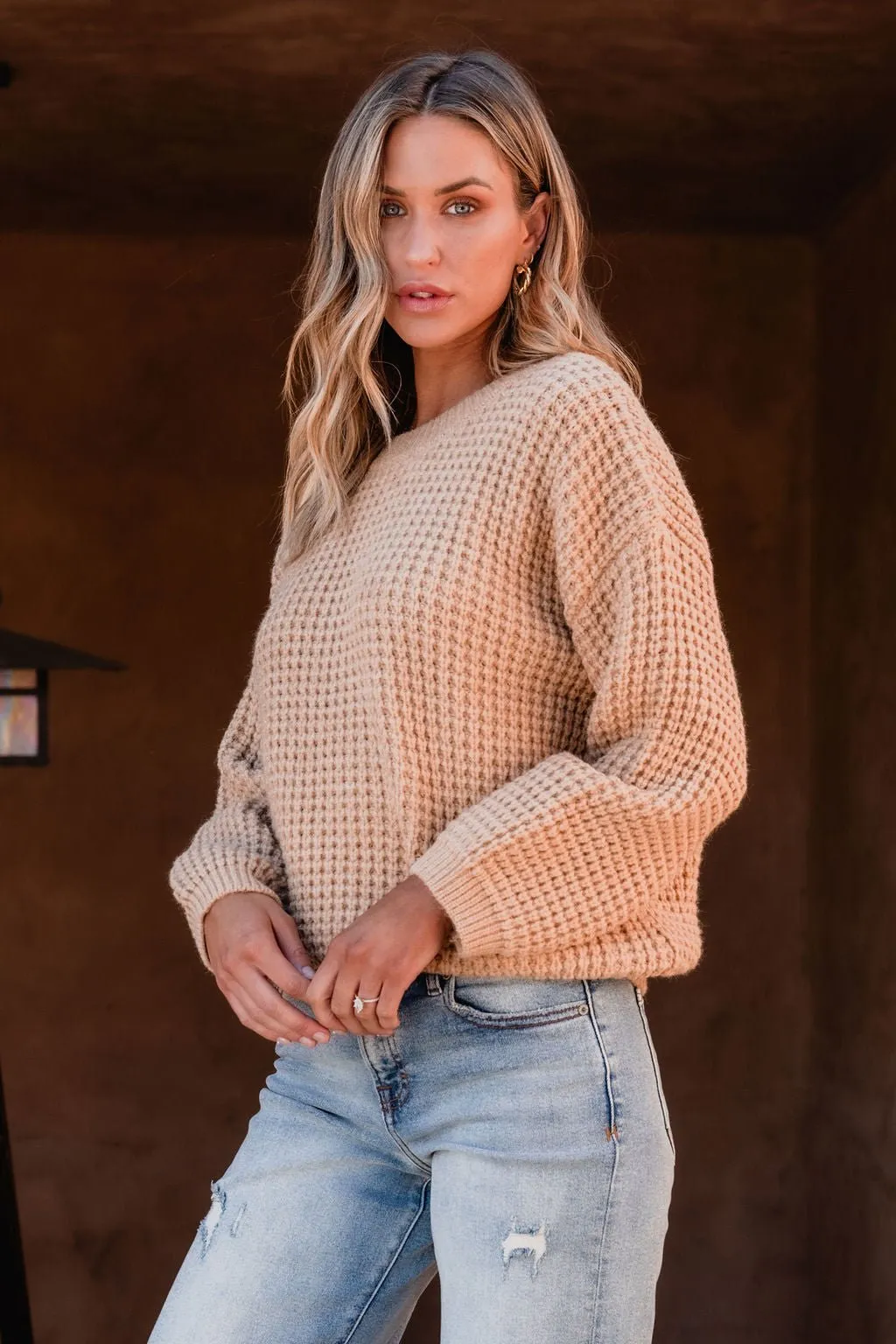 Camel Ribbed Waffle Knit Sweater