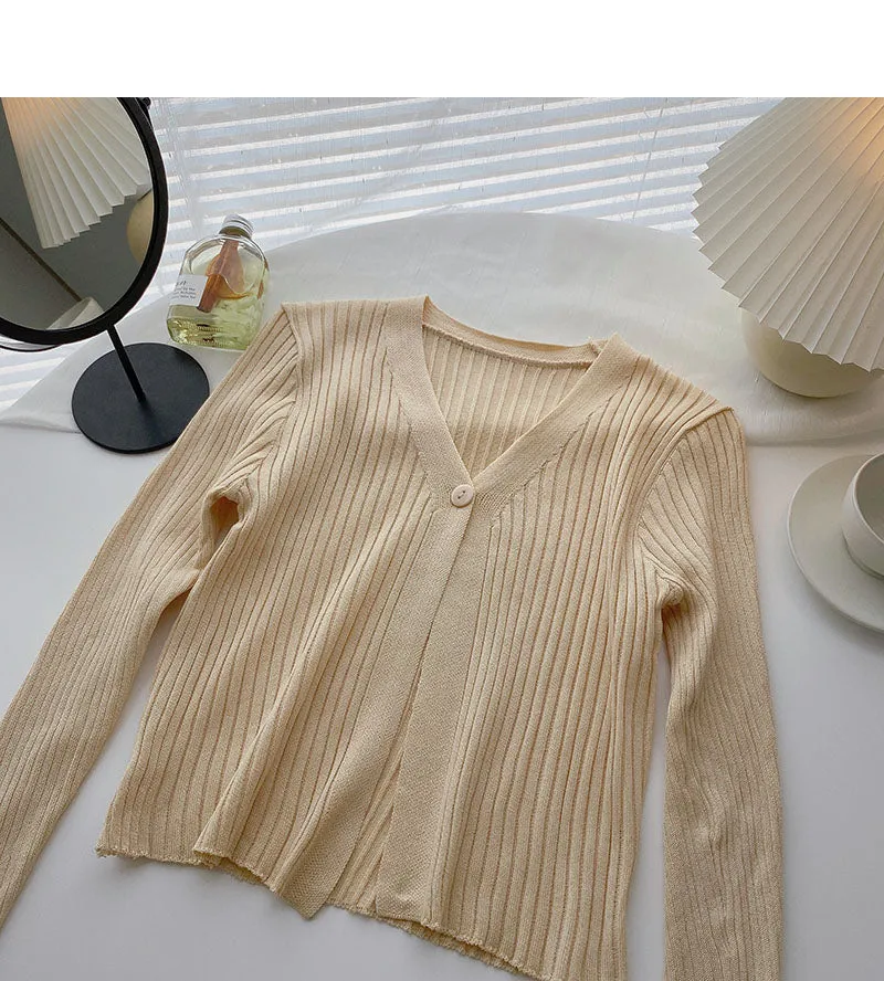 Candy V-neck one button cardigan versatile long sleeve short top  6534