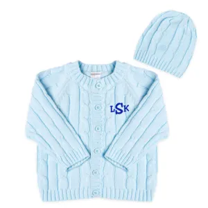 Cardigan Sweater & Hat Set - Light Blue