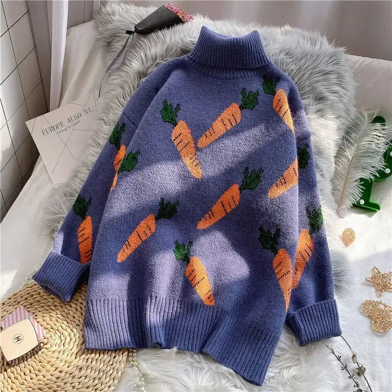 Carrot Print Lantern Sleeve Sweater