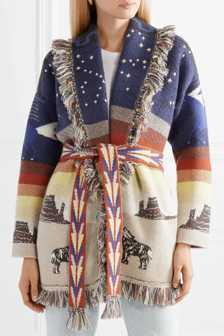 Cashmere Sweater Coat Midnight Desert Scene Fringed Collar Southwestern Cardigan With Plateaus Howling Wolves Painted Desert Tones And Cactus Available In Small Medium Or Large