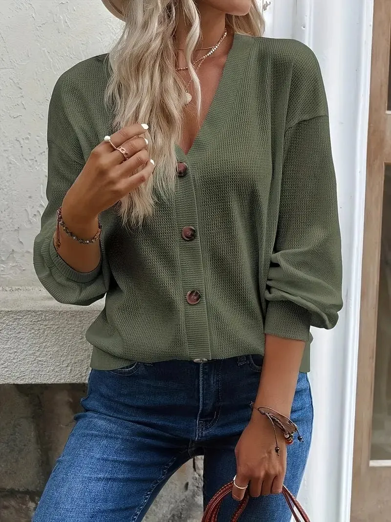 Casual Drop Shoulder V-Neck Long Sleeve Button Sweater