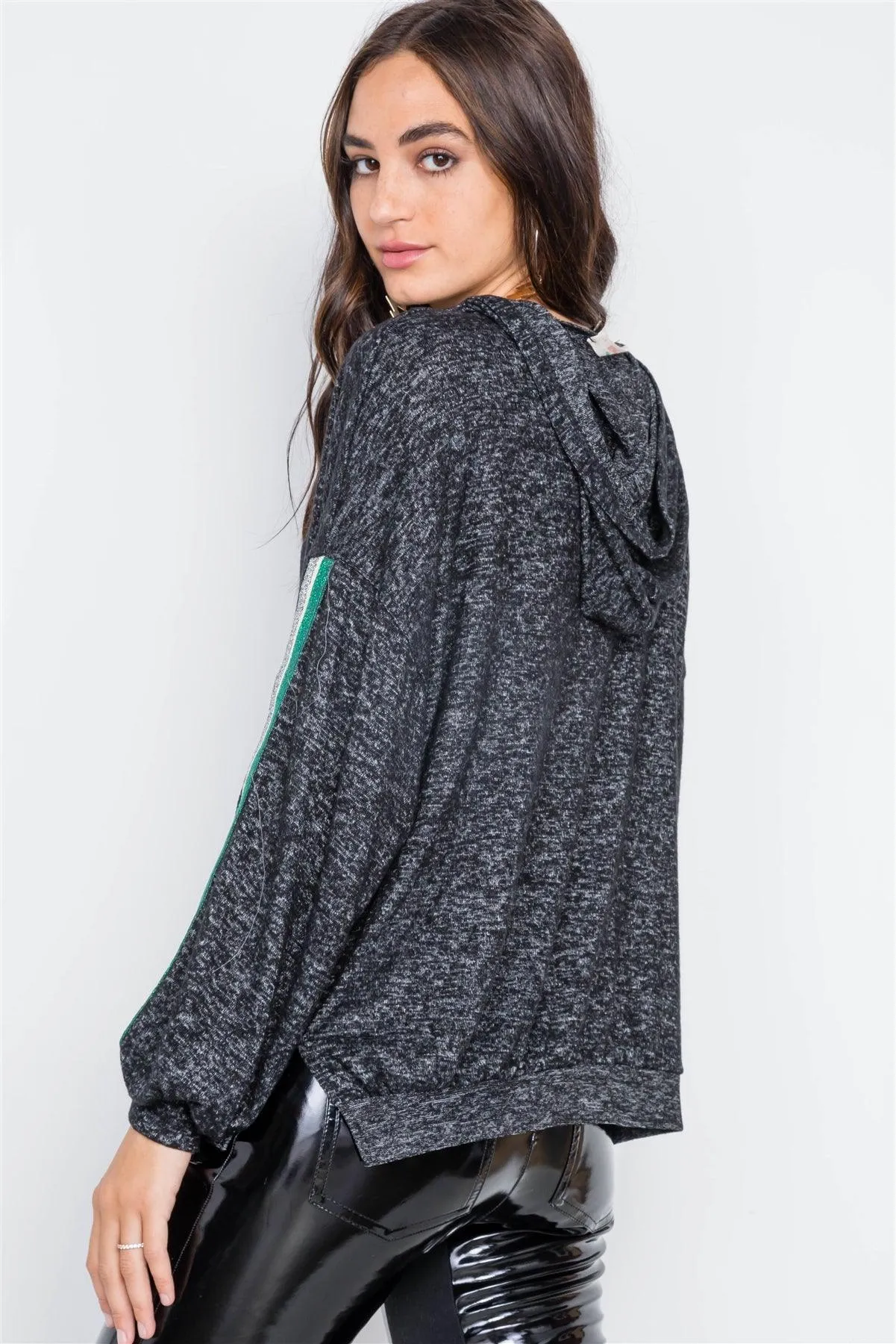 Charcoal Lace Up Long Sleeve Soft Sweater /2-2-2