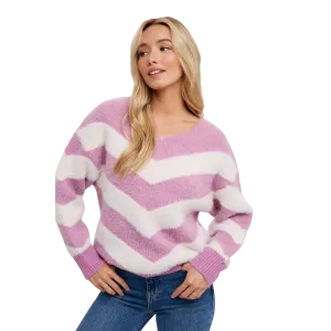 Chevron Soft Fuzzy Pullover - Rose