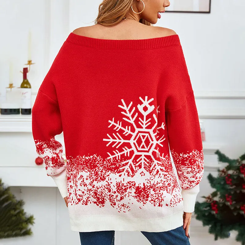 Chic Snowflake Off-Shoulder Christmas Sweater – Embrace Cozy Elegance!