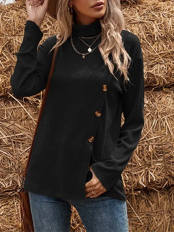 Chicmy-European and American casual women's clothing Long Sleeve Asymmetric Button Split High Neck Sweater