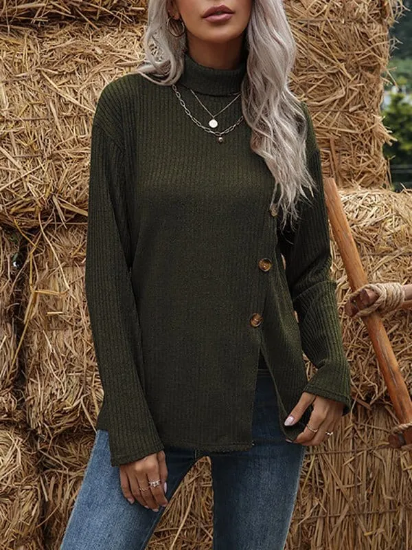 Chicmy-European and American casual women's clothing Long Sleeve Asymmetric Button Split High Neck Sweater