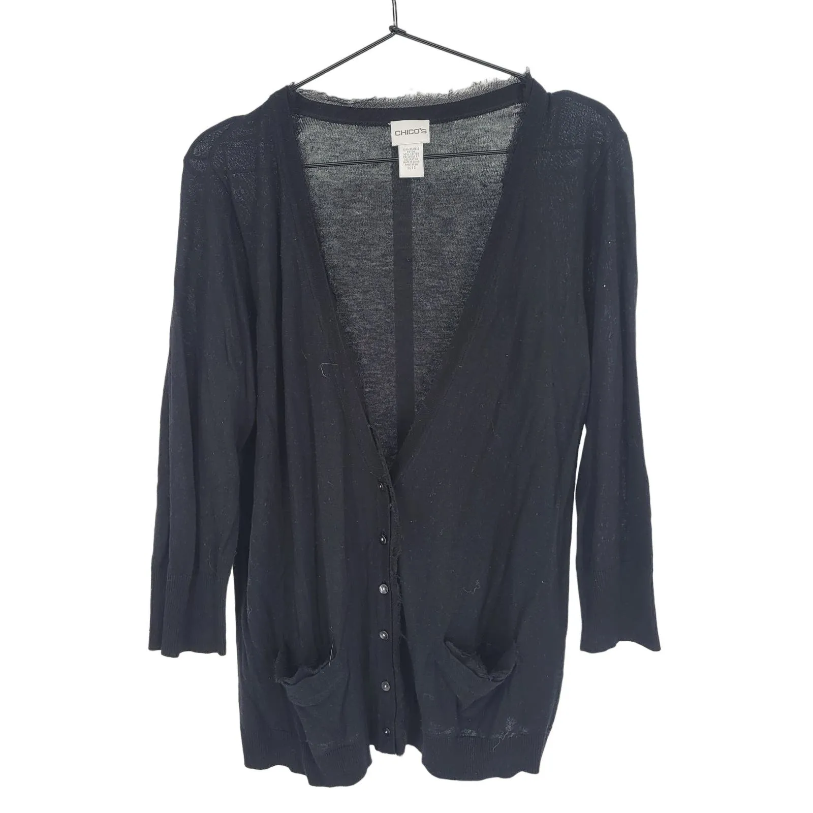 Chicos Womens Sz 2 (XL) Cardigan Sweater Black Bamboo Blend Deep V Neck