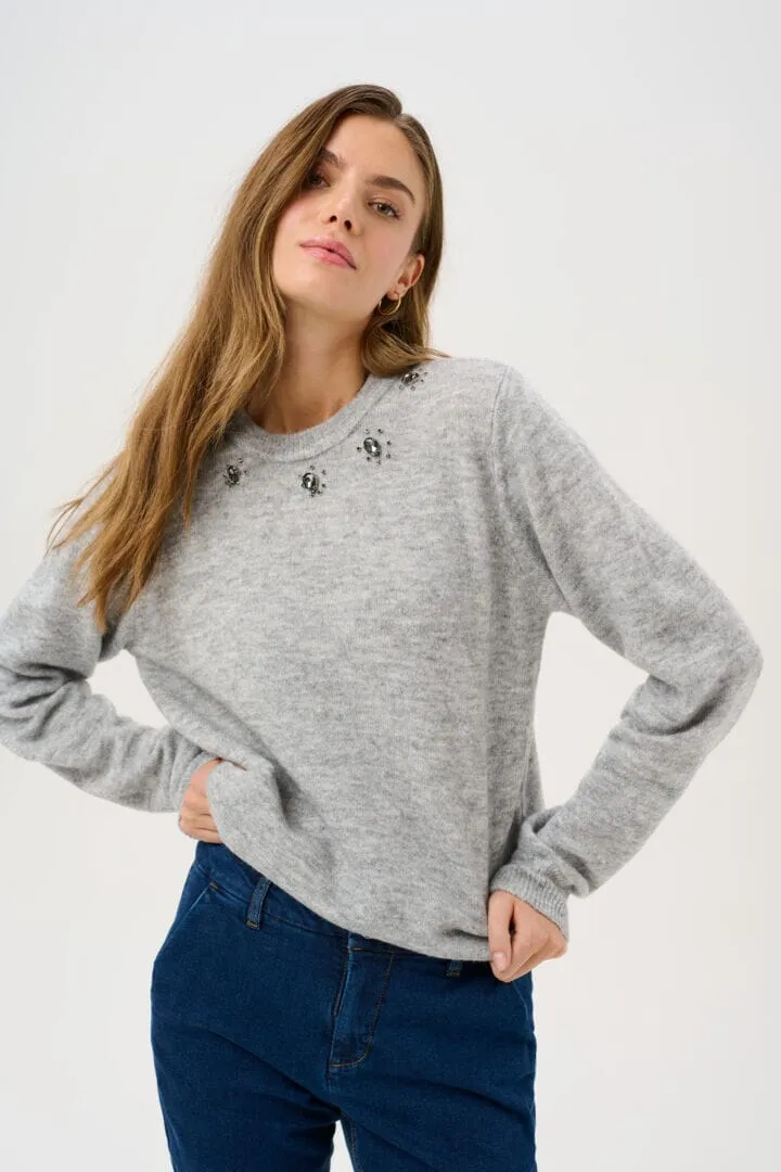 CLASSIC LIGHT GREY DETAIL NECKLINE SWEATER