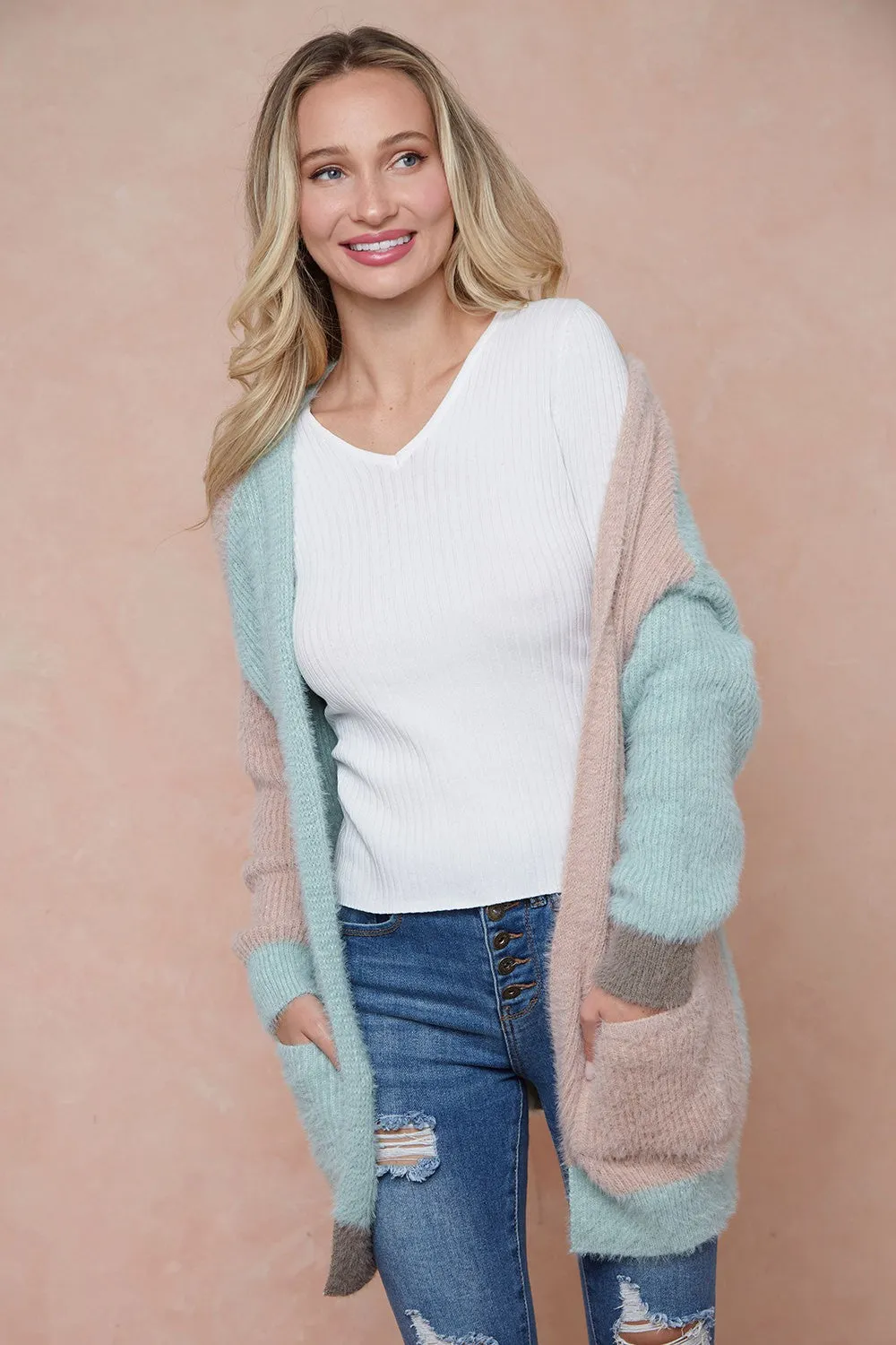 Color Block Hooded Fluffy Yarn Sweater Long Sleeve Open Front Cardigan