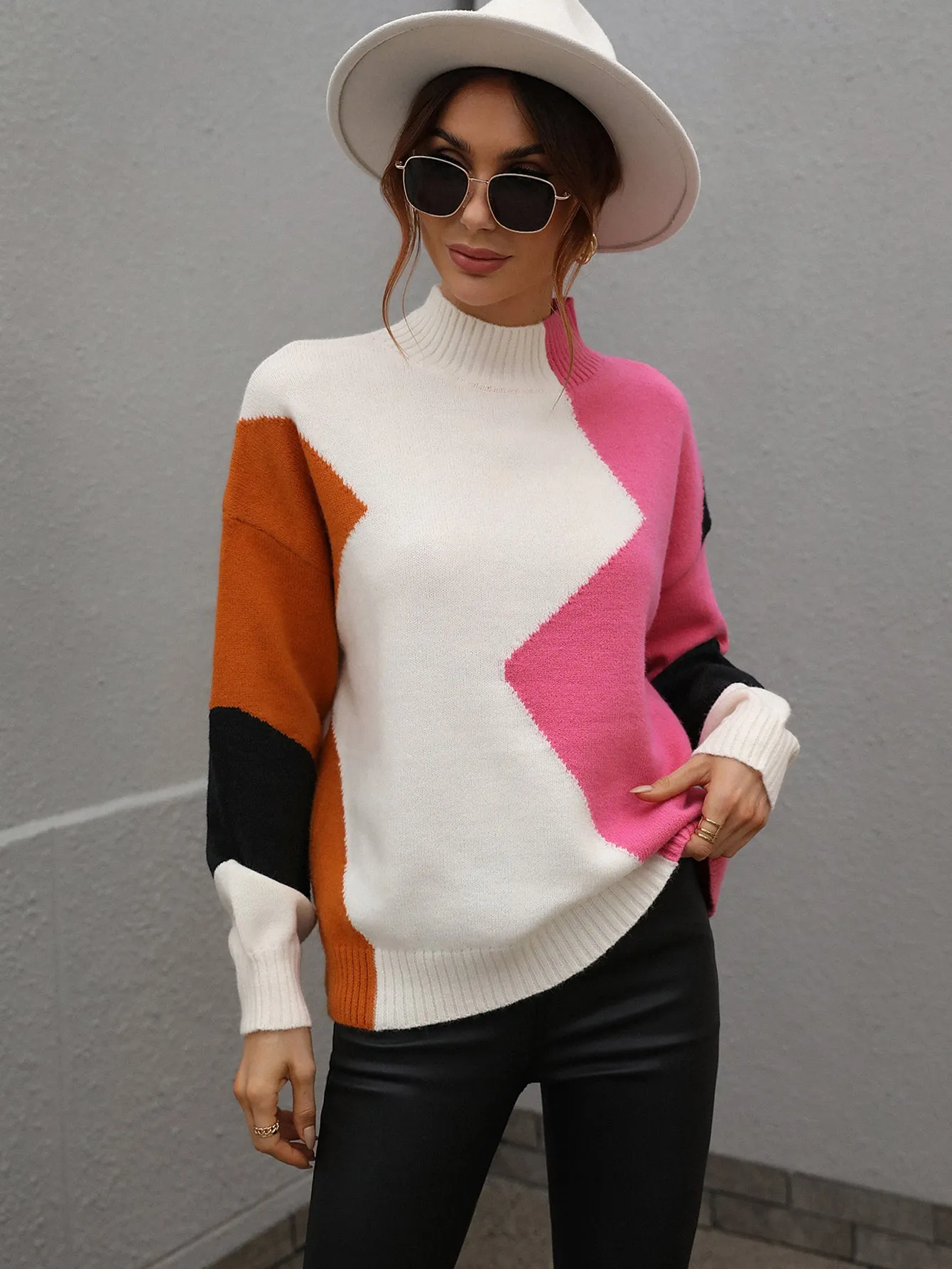 Color Block Patchwork Round Neck Pullover Knit Sweaters