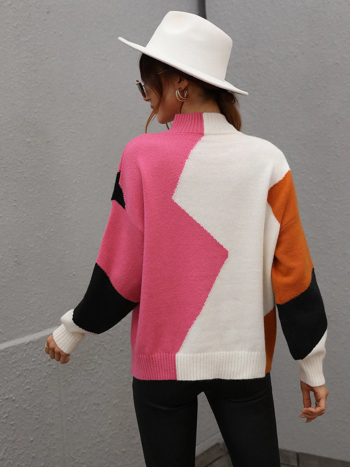 Color Block Patchwork Round Neck Pullover Knit Sweaters