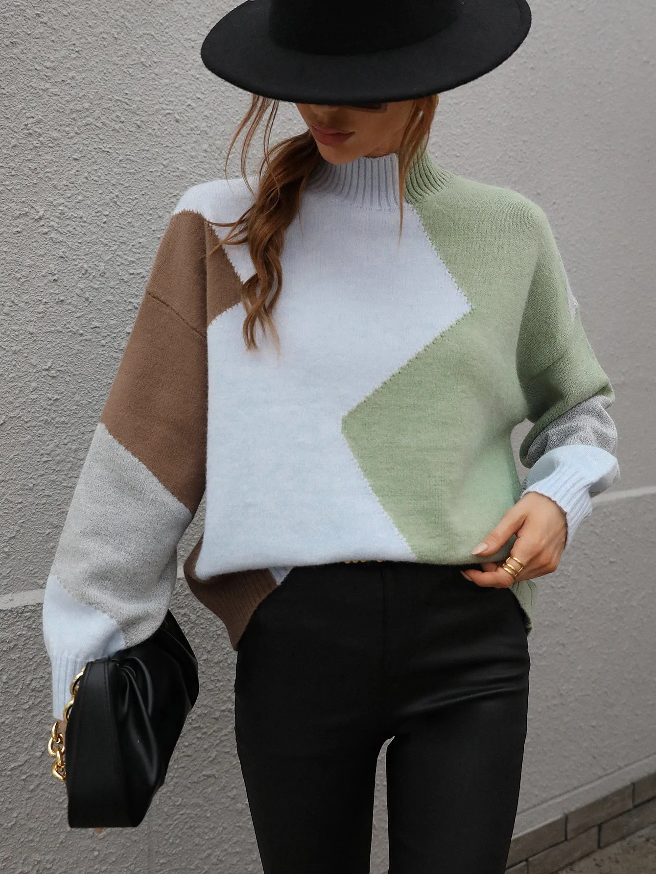 Color Block Patchwork Round Neck Pullover Knit Sweaters