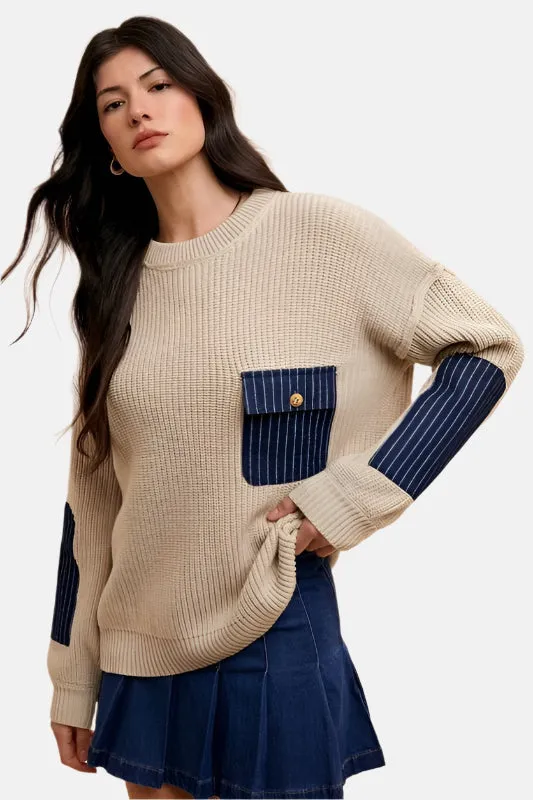 Contrast Details Sweater with Patch Pocket