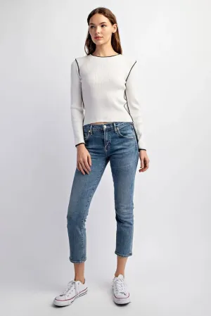 Contrast Edge Long Sleeve Sweater Top  White/Olive