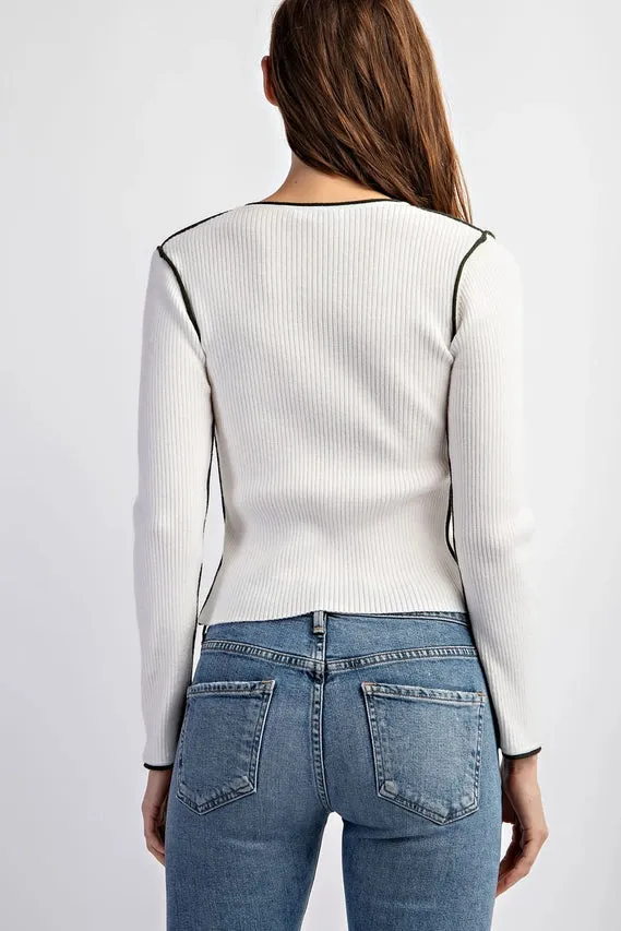 Contrast Edge Long Sleeve Sweater Top  White/Olive