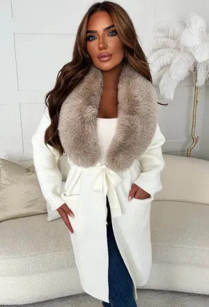 Cosy Opulence Cream Luxury Faux Fur Collar Cardigan