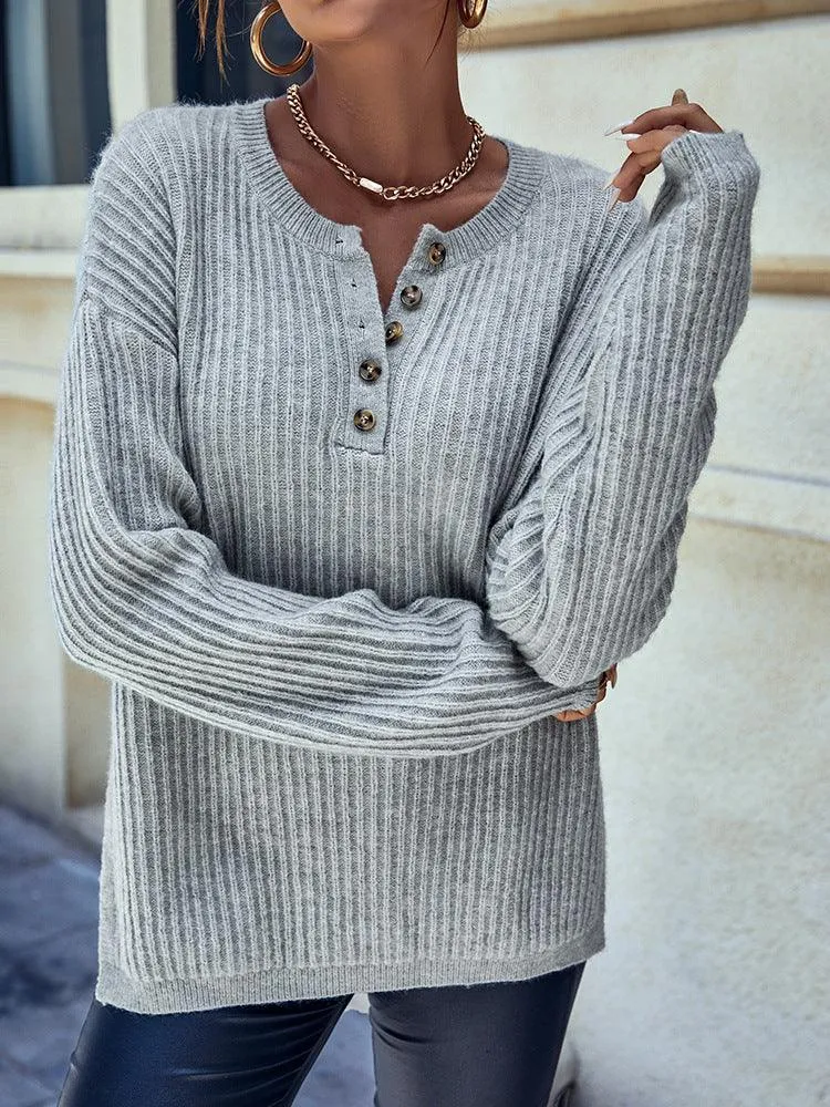 Cozy Knitted Button Neck Sweater — Stylish Women's Pullover Sweater