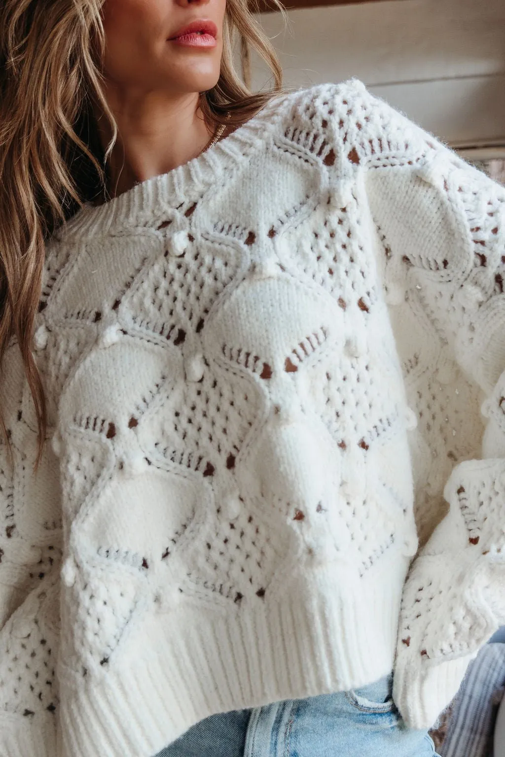 Cream Crochet Ribbed Pullover Sweater