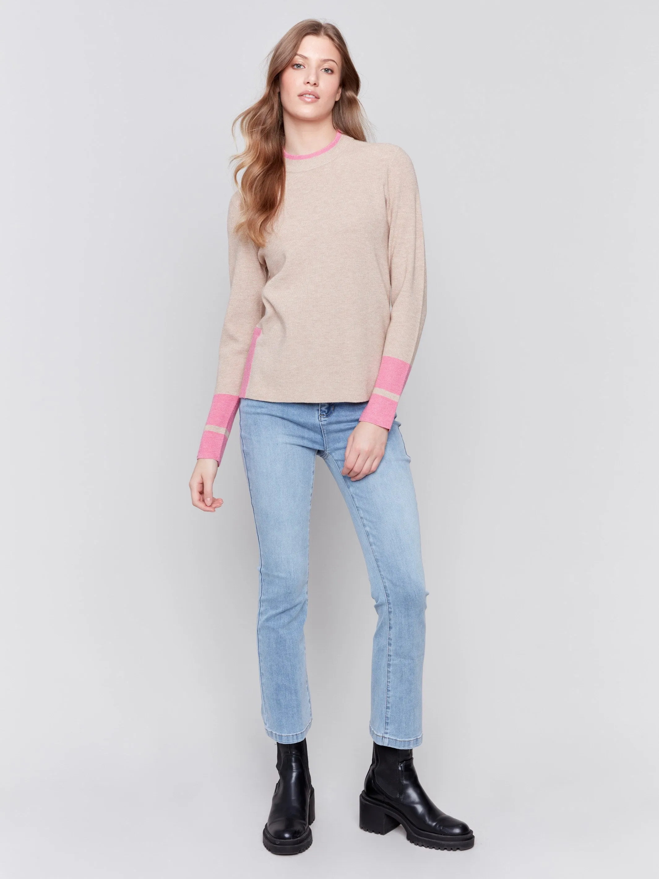 Crew Neck Sweater with Side Slit - Truffle