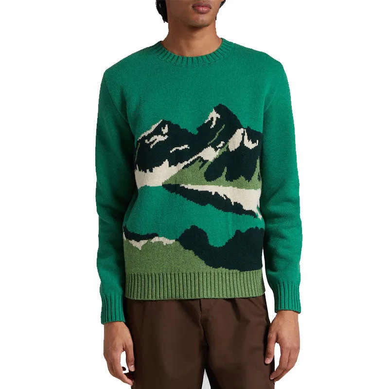 Custom Man Wool Blend Pullover Knit Sweater | Crew Neck and Mountain Jacquard