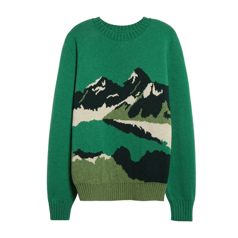 Custom Man Wool Blend Pullover Knit Sweater | Crew Neck and Mountain Jacquard