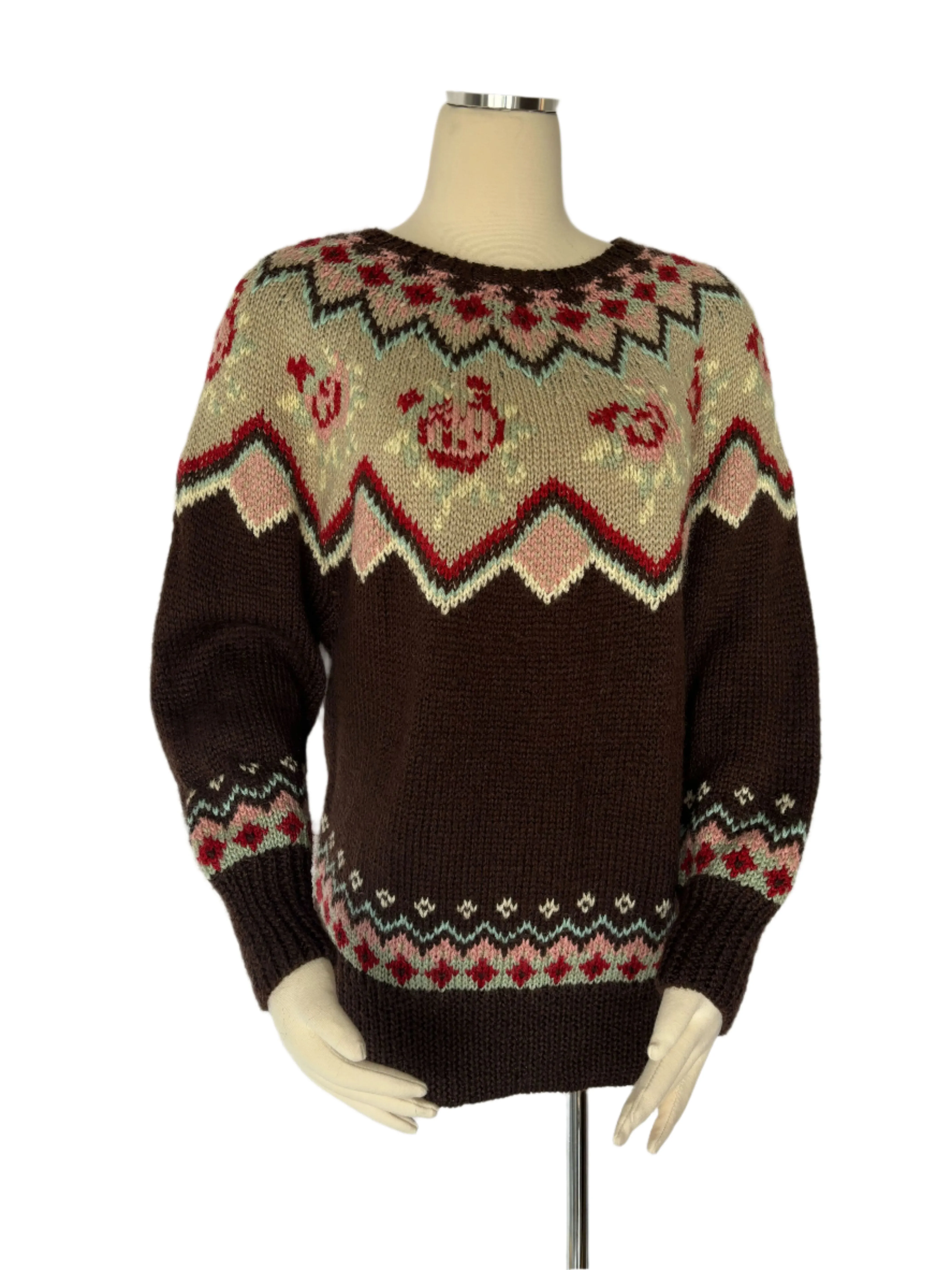 Cute Brown & Pink Vintage Pattern Wool Knit Sweater