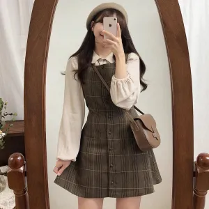 Cute Mini Sleeveless Vest Style Design Retro Vintage Plaid Button Shirt Dress