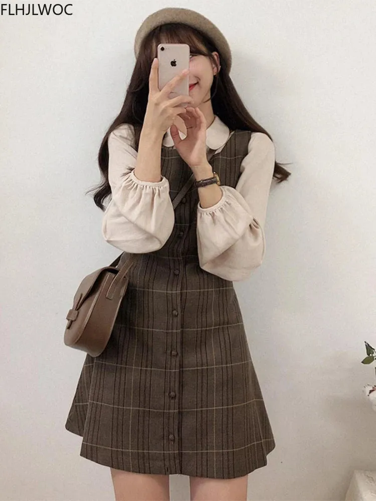 Cute Mini Sleeveless Vest Style Design Retro Vintage Plaid Button Shirt Dress