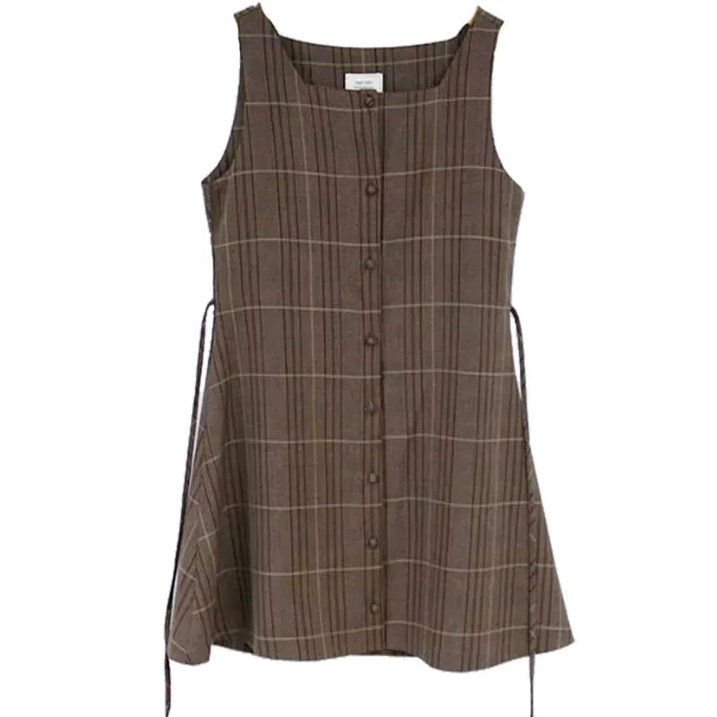 Cute Mini Sleeveless Vest Style Design Retro Vintage Plaid Button Shirt Dress